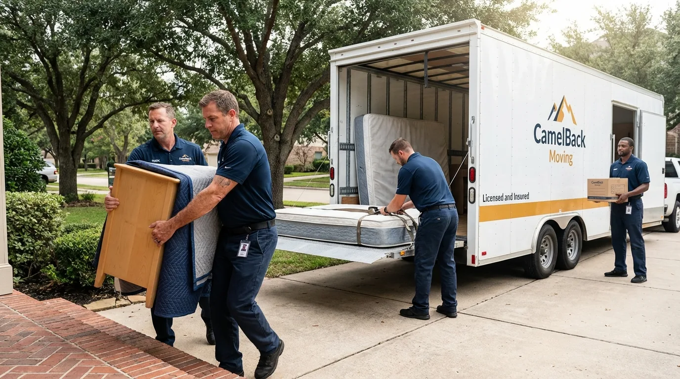 Crew loading residential truck for cross-state move from Buffalo, TX