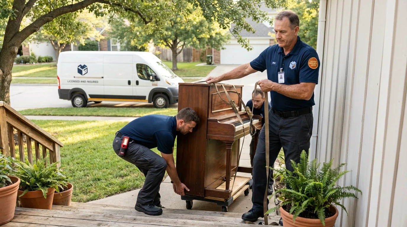 Licensed piano movers securing grand piano in Buffalo, TX