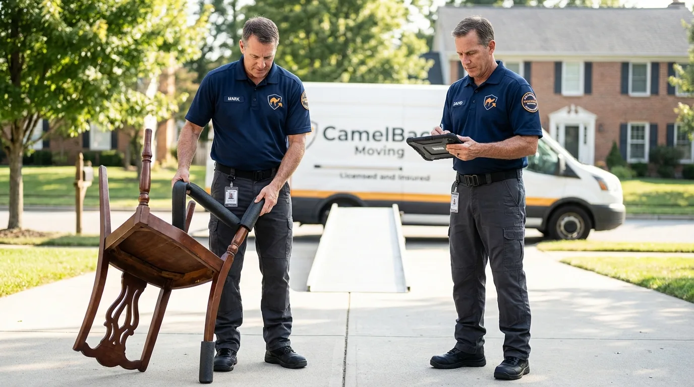 Movers inspecting furniture for damage prevention before loading in Buffalo, TX