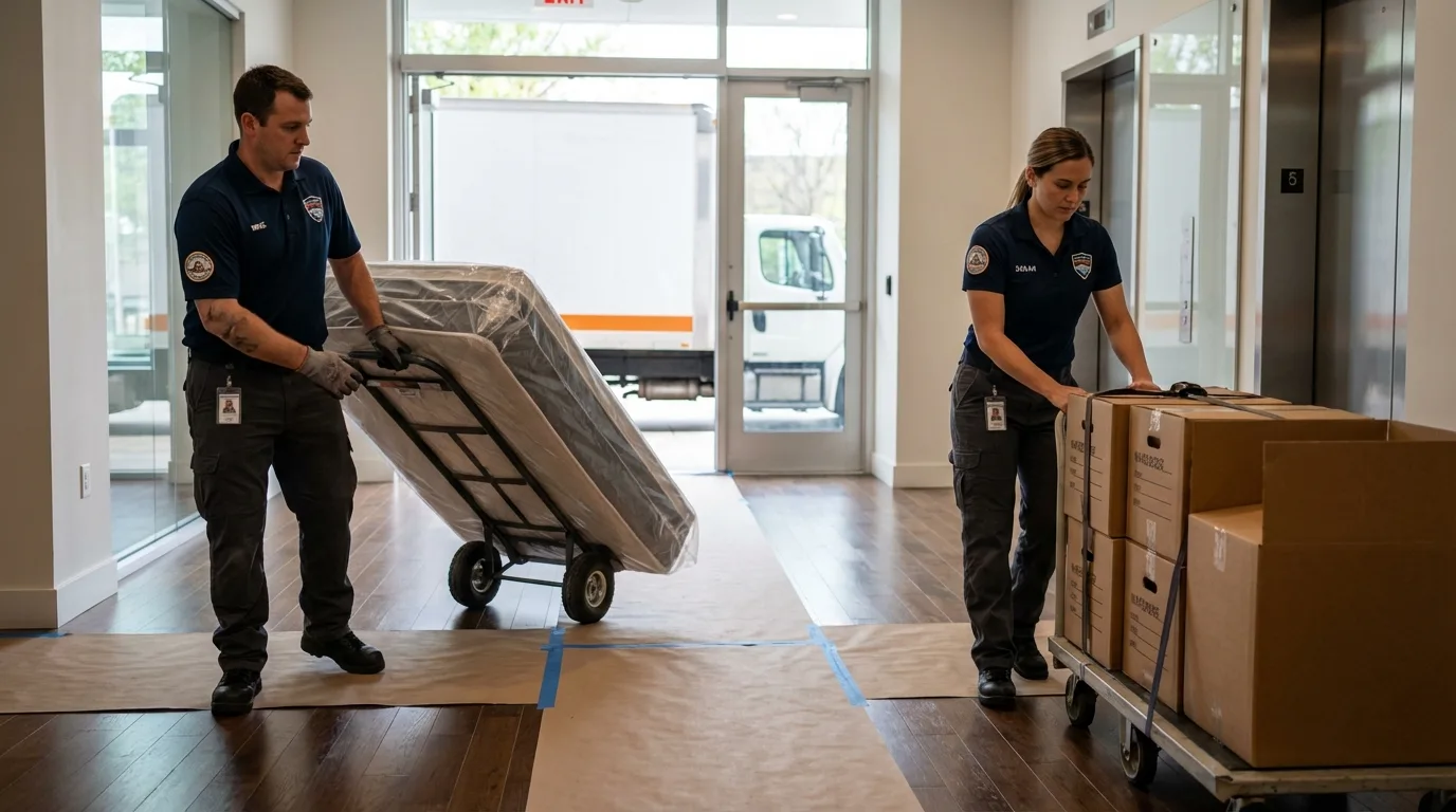 Professional apartment movers loading elevator in Buffalo, TX