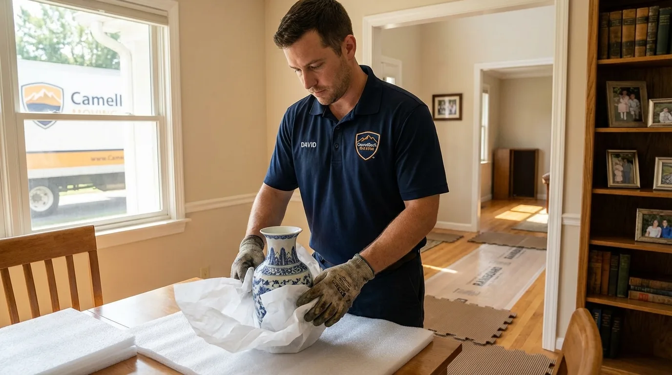 Professional crew carefully wrapping antique vase for senior downsizing move in Buffalo, TX